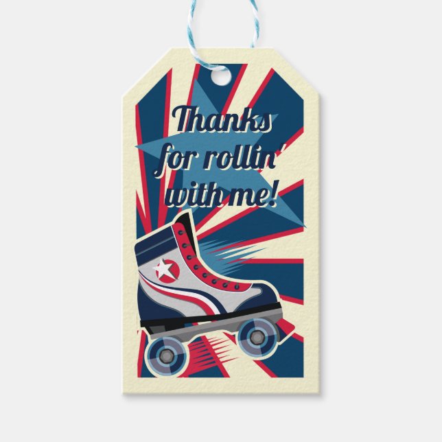 Etiqueta Para Presente Retro Roller Skate Party Blue & Red 70's  (Frente)