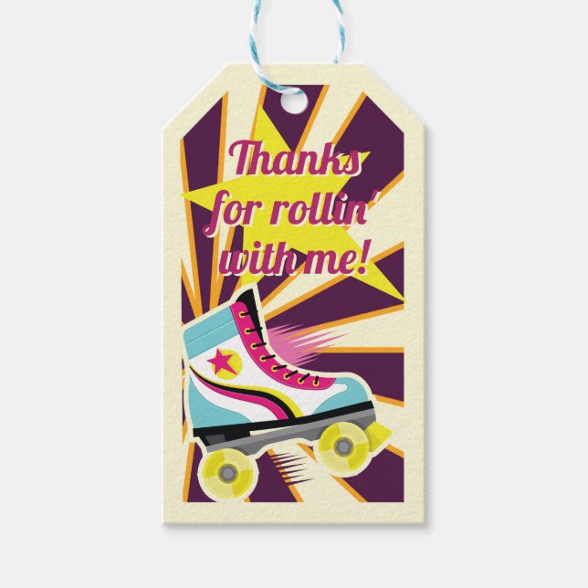 Etiqueta Para Presente Retro Roller Skate Party Pink & Purple 70's  (Frente)