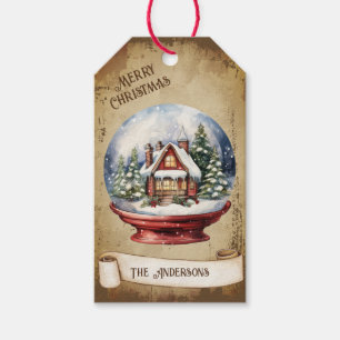 Etiqueta Para Presente Retro Vintage House In Snow Globe Feliz Natal