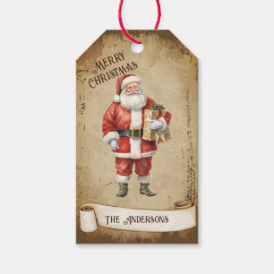 Etiqueta Para Presente Retro Vintage Papai Noel segurando um presente de 