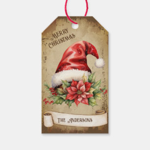 Etiqueta Para Presente Retro Vintage Poinsettia Red Berries Red Santa Hat