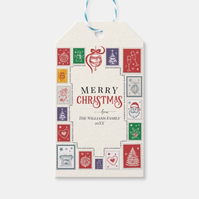 Etiqueta Para Presente Retro Whimsical Stamps Doodles de Natal (Frente)