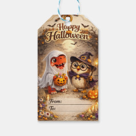 Etiqueta Para Presente Rex e coruja fantasma do Halloween dinossauro no q