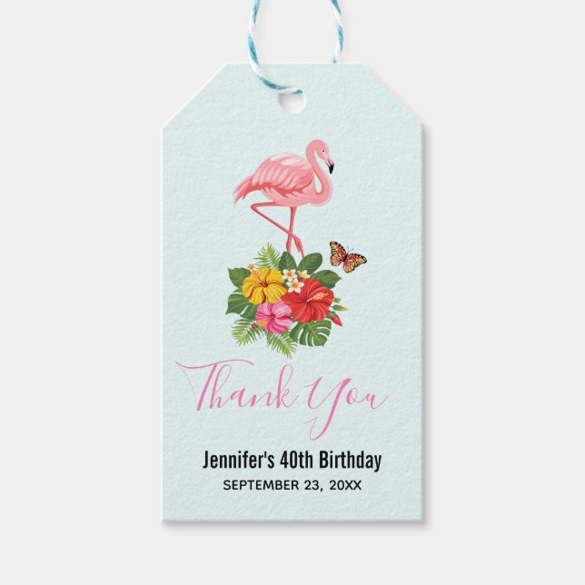 Etiqueta Para Presente Rico rosa Flamingo e Hibiscus Tropical Obrigado (Frente)