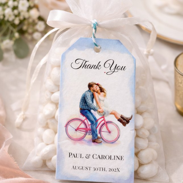 Etiqueta Para Presente Romantic Couple Bicycle Wedding Thank You  (Criador carregado)