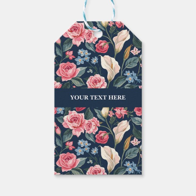 Etiqueta Para Presente Romantic Navy Blue Floral Garden Pattern (Frente)