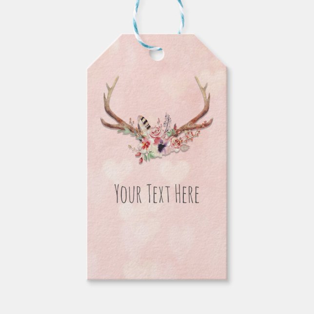 Etiqueta Para Presente Rosa Blush Pink Deer Antlers Boho Chic (Frente)