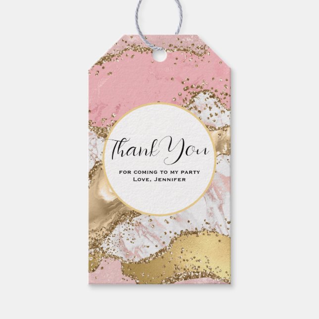 Etiqueta Para Presente Rosa de luxo, Dourado, Festa Rosa, Obrigado (Frente)