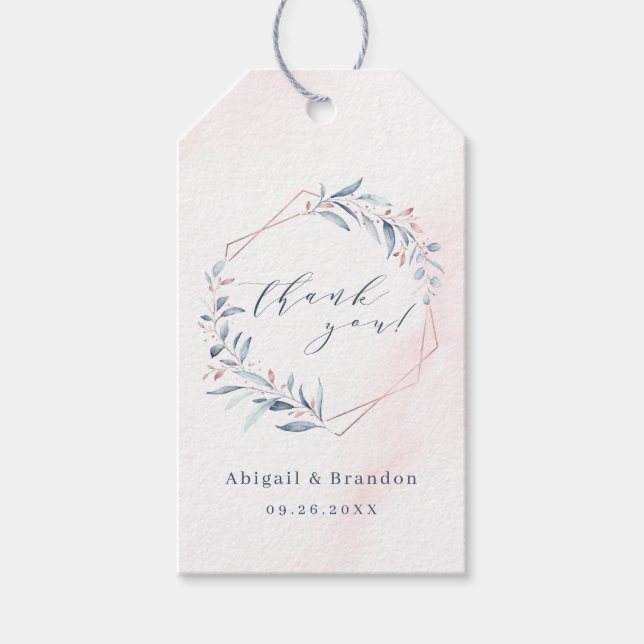 Etiqueta Para Presente Rosa Dourado Dusty Blue Greenery Geométrico Obriga (Frente)