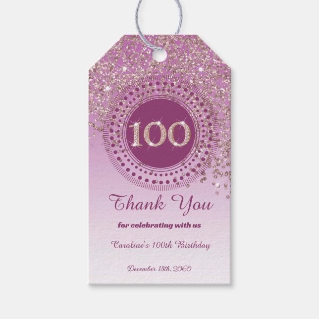 Etiqueta Para Presente Rosa Dourado moderno brilho 100º Aniversário (Frente)