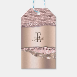 Etiqueta Para Presente Rosa Dourado Tendência Diamantes Brilho Monograma
