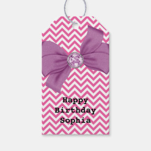 Etiqueta Para Presente Rosa Menina Chevron Jóia Roxo Laço Aniversário