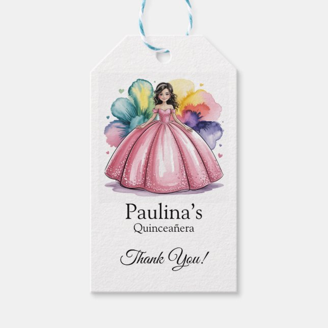 Etiqueta Para Presente Rosa Quinceañera Ball Gown Obrigado (Frente)
