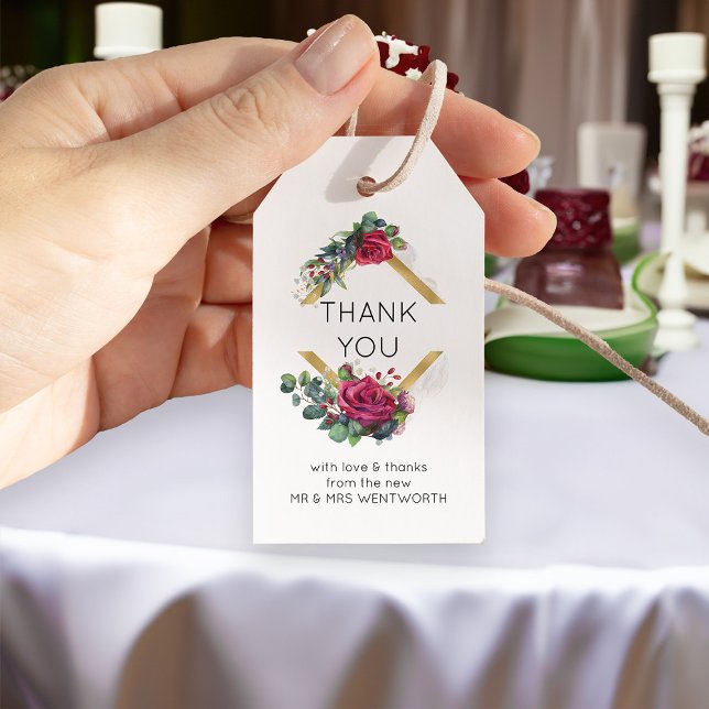 Etiqueta Para Presente Rosa vermelha Dourada Armamento Geométrico Obrigad (Gold floral frame thank you tags from the new Mr & Mrs - Red Rose and Eucalyptus Wedding Collection)