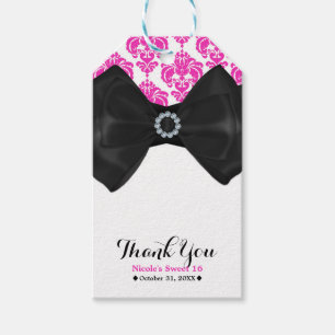 Etiqueta Para Presente Rosa Vibrante e Laço de Damasco Branco Festa Glam 