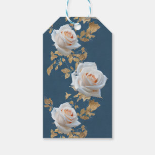 Etiqueta Para Presente Rosas brancas e folhas de ouro sobre fundo azul