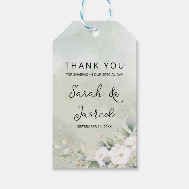 Etiqueta Para Presente Rosas Brancas Folhas de Eucalipto Casamento (Frente)