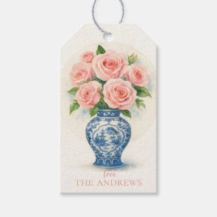 Etiqueta Para Presente Rosas Cor-de-Rosa Personalizadas em um Vaso de Chi