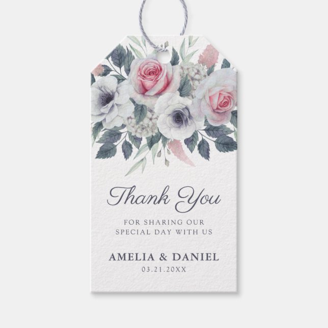 Etiqueta Para Presente Rosas de Aquarela Elegante Casamento Azul Obrigado (Frente)