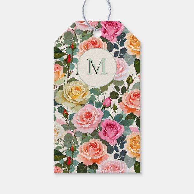 Etiqueta Para Presente Rosas Florais bonito Monogramas Elegante (Frente)