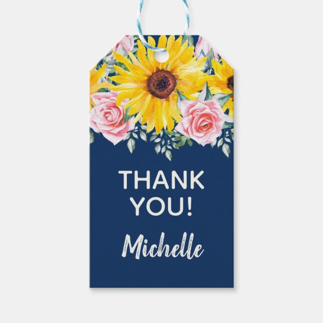 Etiqueta Para Presente Rosas Rosa Girassóis Marinho Azul Aniversário Obri (Frente)
