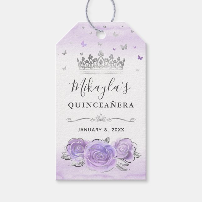 Etiqueta Para Presente Rosas Roxos Claros Coroa Prateada Obrigado (Frente)