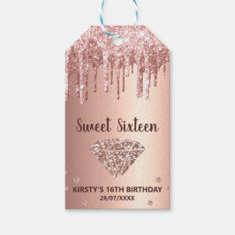 Etiqueta Para Presente Rose Gold Gotejando Glitter & Diamante Sweet 16