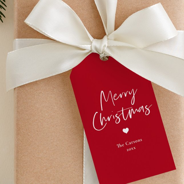 Etiqueta Para Presente Rote Natal Moderno em Script (Simple red and white script merry christmas gift tags.)