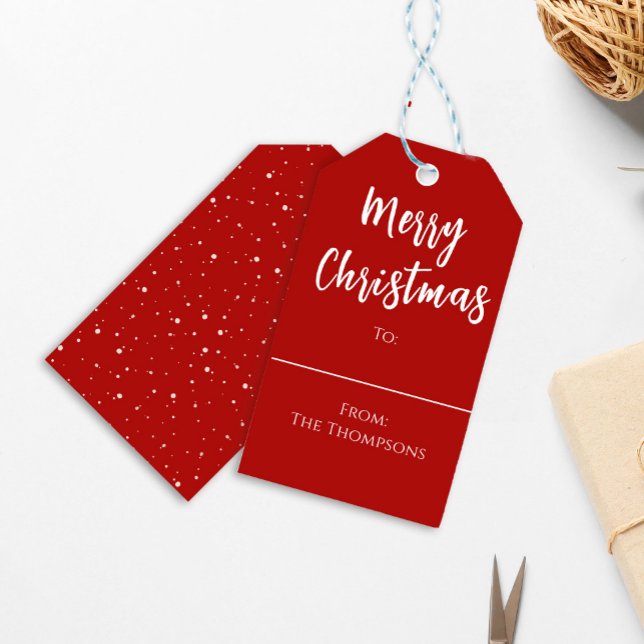 Etiqueta Para Presente Roto Feliz Natal Script Simples Personalizado (Merry Christmas Red Script Holiday Gift Tag.)