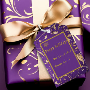 Etiqueta Para Presente Roxo Elegante e Dourado Damasco 'Feriados Felizes'