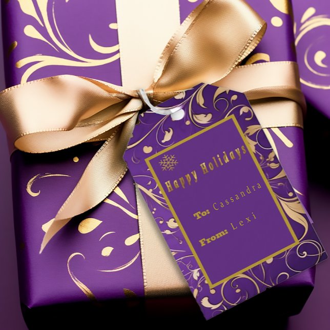 Etiqueta Para Presente Roxo Elegante e Dourado Damasco 'Feriados Felizes' (Criador carregado)
