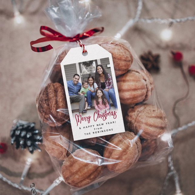 Etiqueta Para Presente Roxo Escovado Moderno Natal Foto Script (Criador carregado)