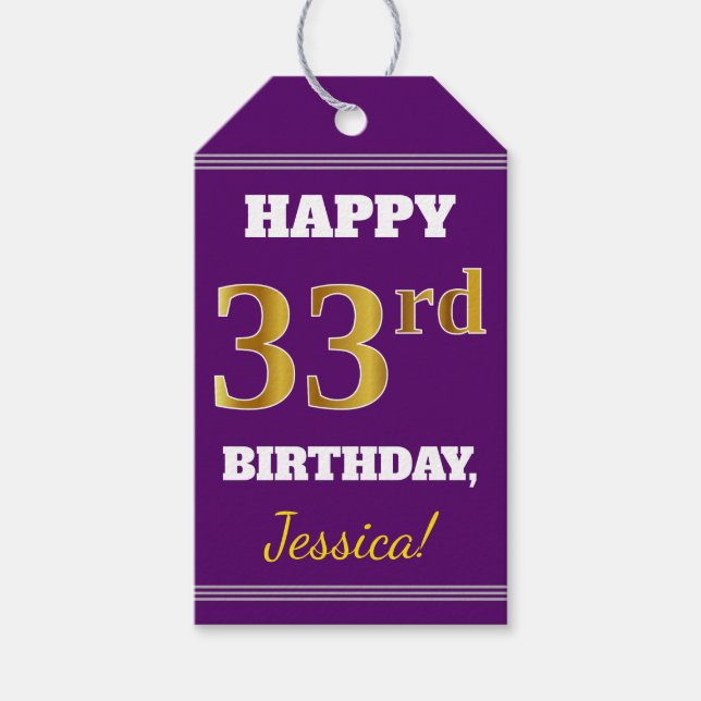 Etiqueta Para Presente Roxo, Faux Dourado 33º Aniversário + Nome Personal (Frente)