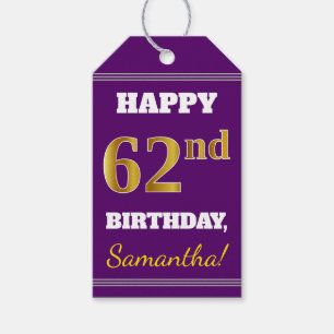 Etiqueta Para Presente Roxo, Faux Dourado 62º Aniversário + Nome Person