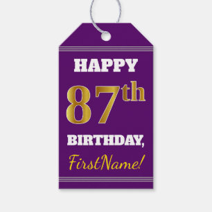Etiqueta Para Presente Roxo, Faux Dourado 87.º Aniversário + Nome Perso