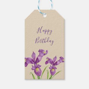 Etiqueta Para Presente Roxo Iris Botânica, Arte Floral Feliz Aniversári