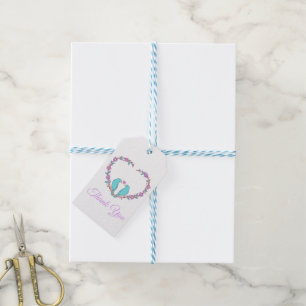 Etiqueta Para Presente Roxo Obrigado Azul Casais de Pássaros Floral Coraç