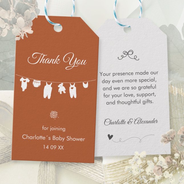 Etiqueta Para Presente Rust Boho Elegante Obrigada Chá de Bebê (Rust Boho Elegant Thank You Baby Shower Gift Tags ©Susanne Sachers - Sunny Mind 🌞)