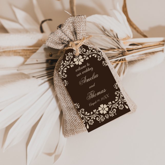 Etiqueta Para Presente Rustic Brown Beige Floral Wedding  (Criador carregado)