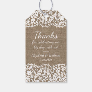 Etiqueta Para Presente Rustic Burlap & Vintage Lace Casamento Obrigado