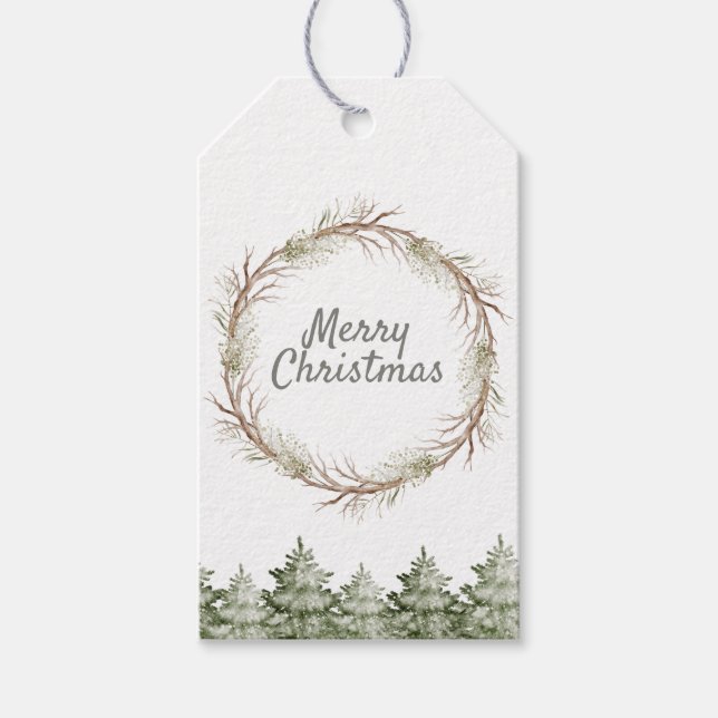 Etiqueta Para Presente Rustic Christmas Pine Wreath and Greenery (Frente)