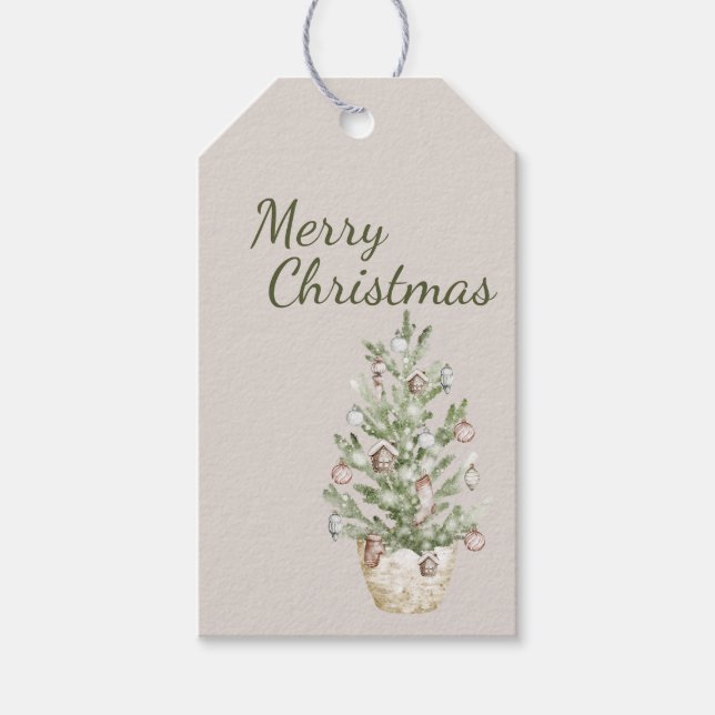 Etiqueta Para Presente Rustic Christmas Potted Tree - Neutral (Frente)