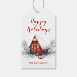 Etiqueta Para Presente Rustic Happy Holidays Watercolor Cottage Red