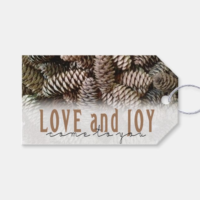 Etiqueta Para Presente Rustic Holiday Love and Joy Pine Cone (Frente (horizontal))