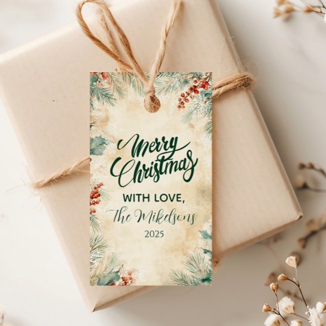 Etiqueta Para Presente Rustic Holly e Pine Christmas (Criador carregado)