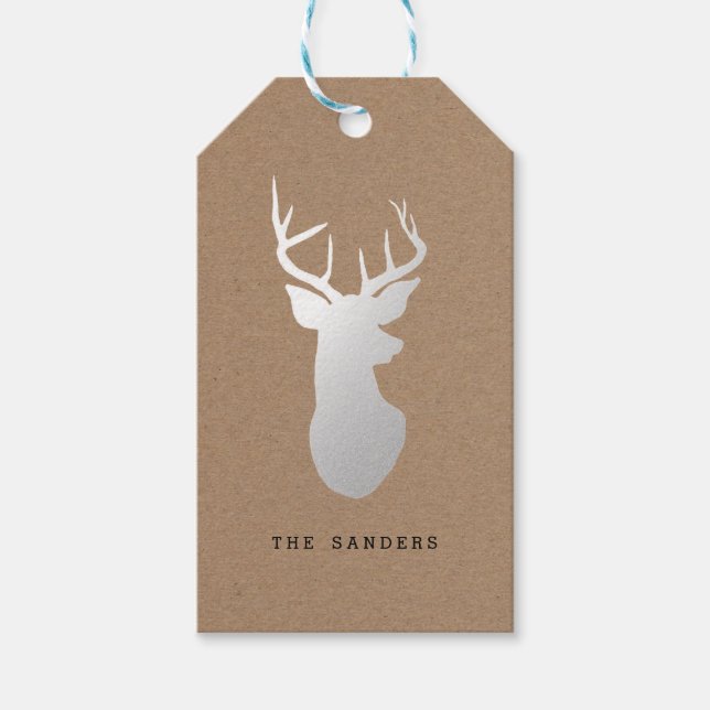 Etiqueta Para Presente Rustic Kraft Paper Silver Reindeer de Natal (Frente)