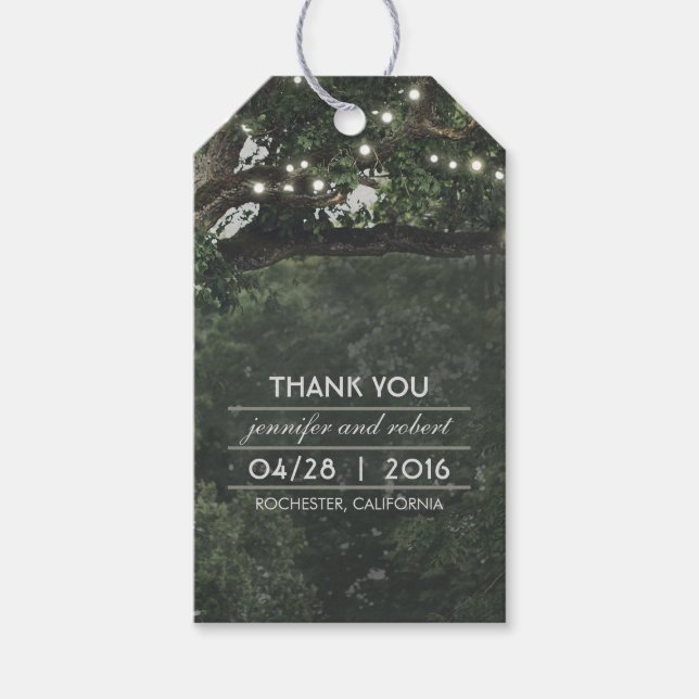 Etiqueta Para Presente Rustic Old Tree String Lights Casamento Obrigado (Frente)