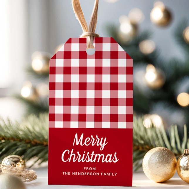 Etiqueta Para Presente Rustic Red Checkered Script Felry Natal (Rustic Red Checkered Script Merry Christmas Gift Tags)
