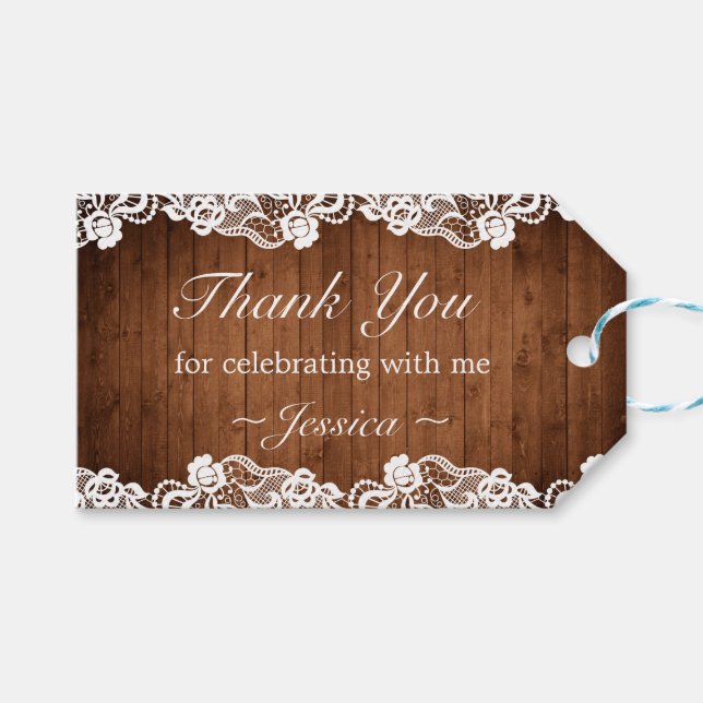 Etiqueta Para Presente Rustic Wood & White Lace Aniversário Obrigado (Frente (horizontal))