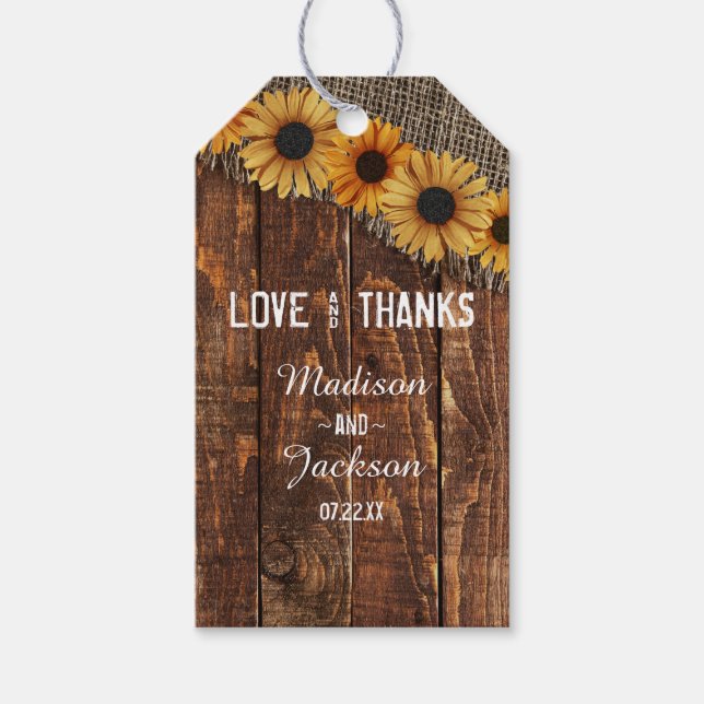Etiqueta Para Presente Rústica Madeira Burlap Sunflower Weding Love & Obr (Frente)